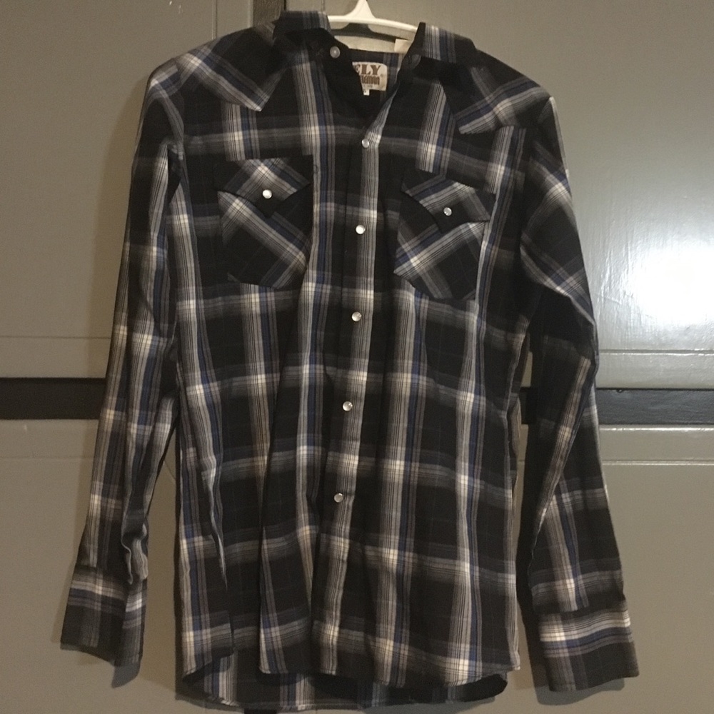 Blue, black, and white button down dress shirt